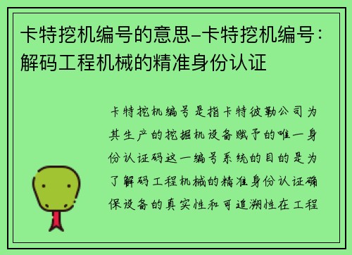 卡特挖机编号的意思-卡特挖机编号：解码工程机械的精准身份认证