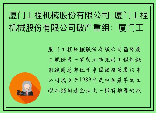 厦门工程机械股份有限公司-厦门工程机械股份有限公司破产重组：厦门工程机械股份有限公司：行业领先的工程机械制造商