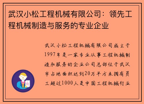 武汉小松工程机械有限公司：领先工程机械制造与服务的专业企业